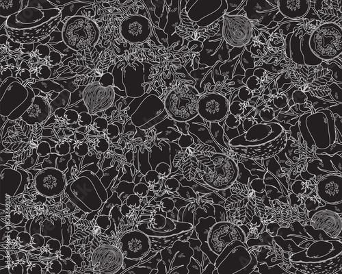 Black and white vector background with different vegetables 