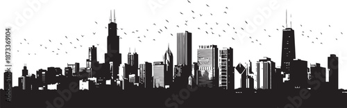 Detailed Silhouette of the Chicago Skyline with Birds Flying Over the Skyscrapers