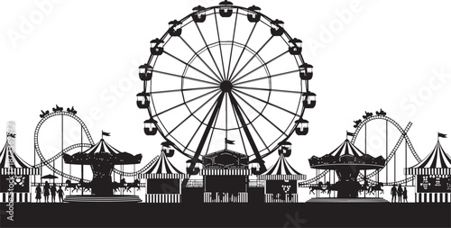 Silhouette of an Amusement Park with a Ferris Wheel, Roller Coaster, and Carousels