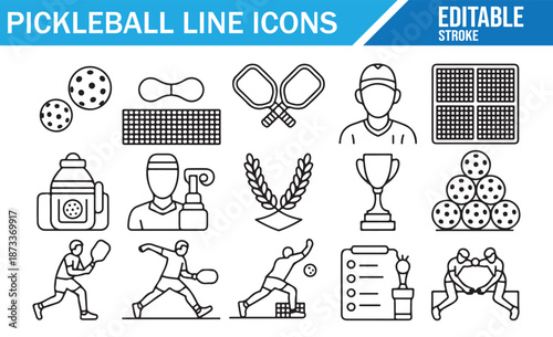 Pickleball championship and training icon set.