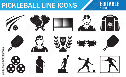 Minimalist line design pickleball vector icons.