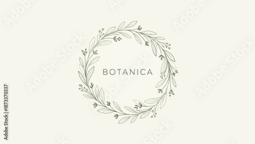 Delicate botanical wreath logo with soft beige background and greenery design.