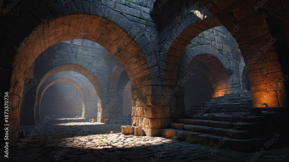 Fototapeta premium Exploration of an Ancient Castle Interior With Arches and a Moody Atmosphere During a Quiet Moment in the Evening