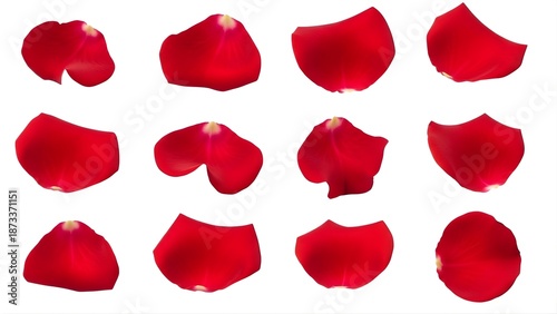 A collection of red rose petals scattered on a transparent background