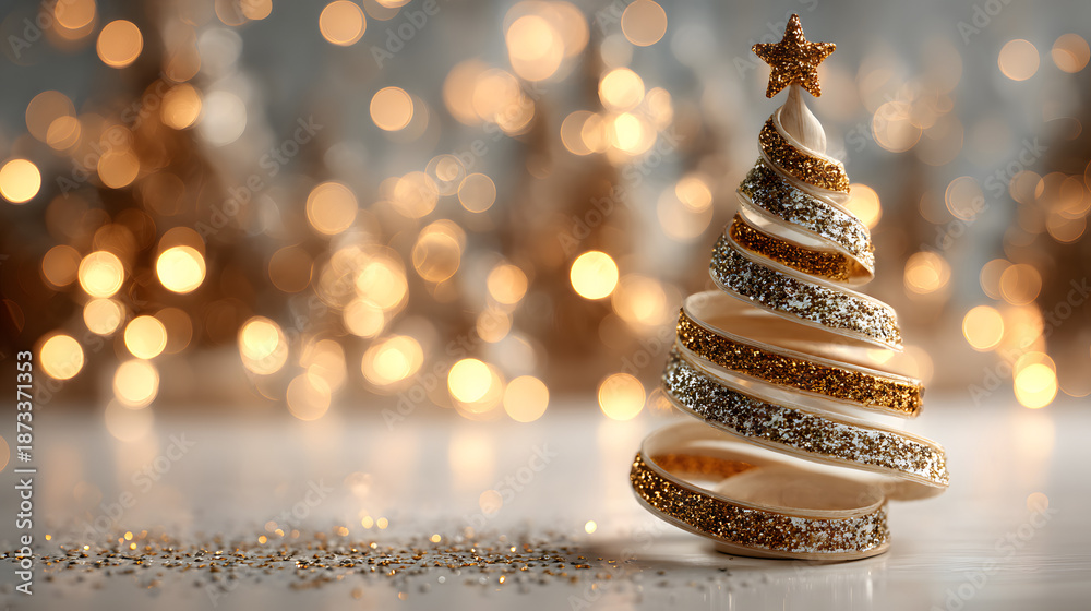 Fototapeta premium Golden glitter ribbon christmas tree standing on white background with sparkling bokeh lights, celebration concept holiday