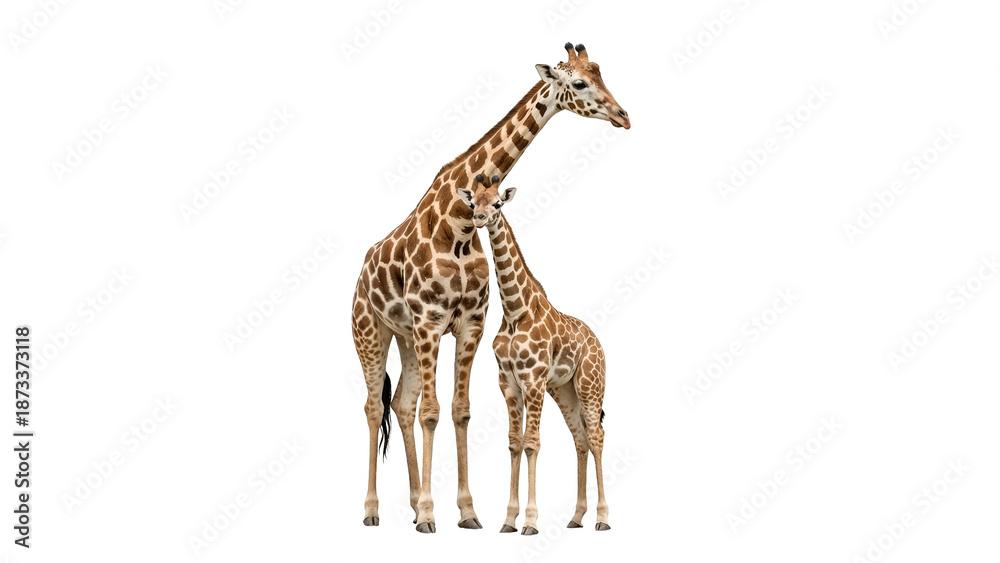 Naklejka premium Adult giraffe standing beside a baby giraffe, looking affectionate, on white background