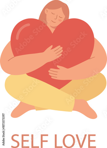 A woman embracing a large red heart representing self love and compassion