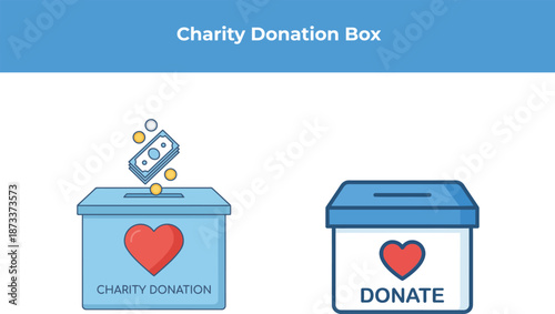 Charity donation box with money and a heart symbol for giving