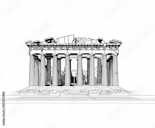 Parthenon temple front view architectural drawing on white background history minimalist line art