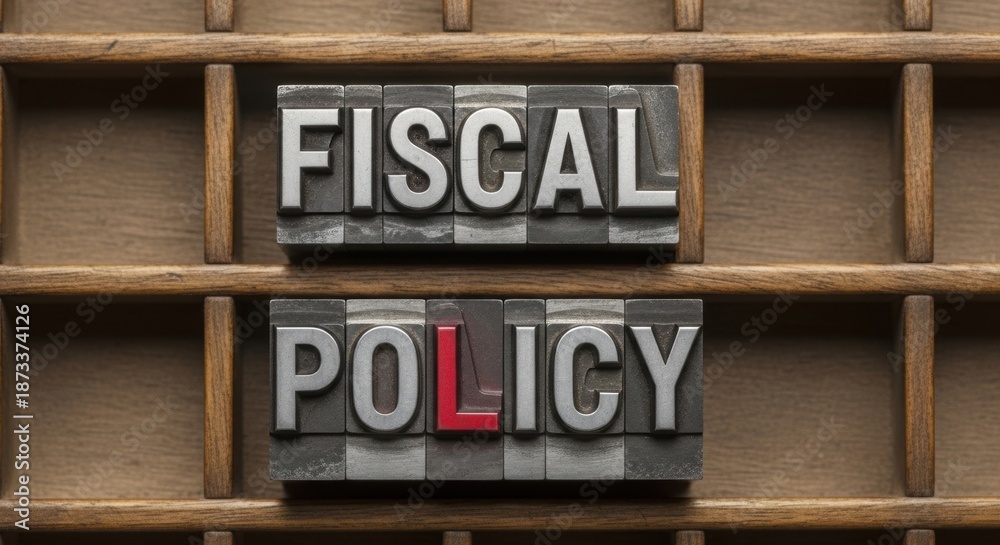Obraz premium Fiscal policy text in letterpress style within a wooden tray