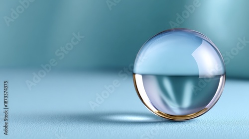Reflective glass sphere on light blue surface with soft shadows