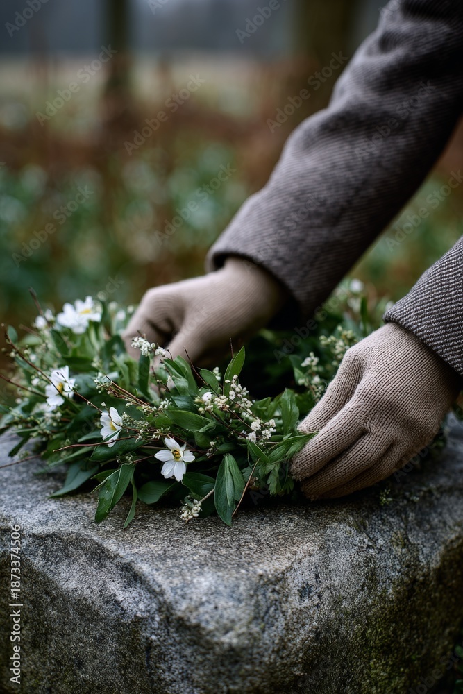 Fototapeta premium Hands arranging flower wreath on stone surface in outdoor setting