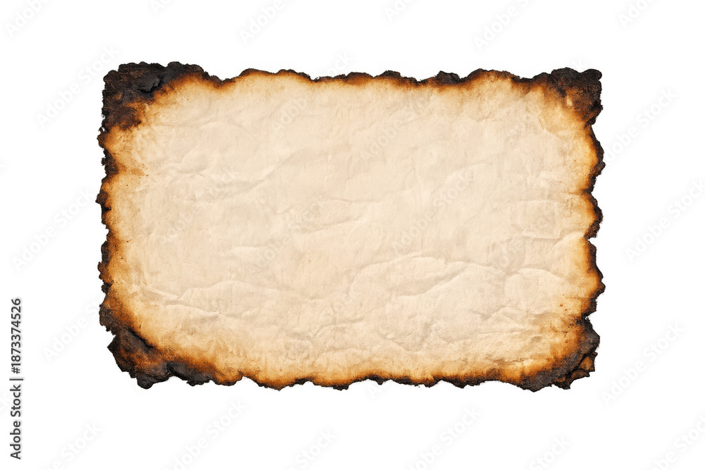 Fototapeta premium Wrinkled old parchment paper with burnt, charred, and singed edges, providing vintage texture and empty space for text on transparent background