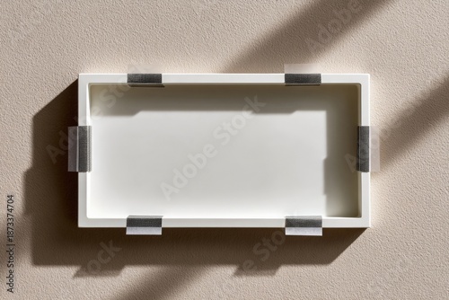 White rectangular frame on textured wall with shadow play
