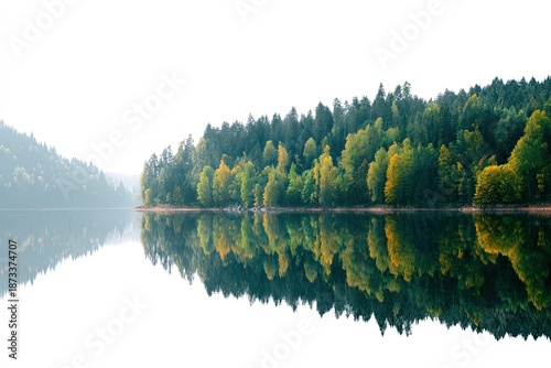 Serene Lakeside Panorama: A tranquil lake mirrors a vibrant forest, showcasing nature's artistry with lush greenery reflected in the calm waters. A picturesque scene of untroubled peace.