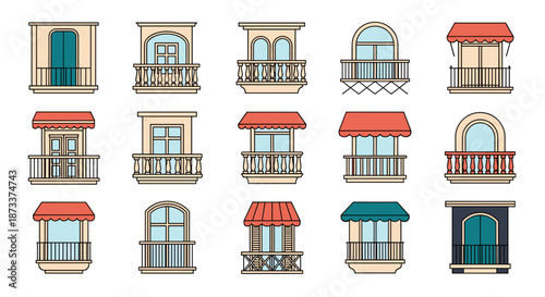 Balcony Collection Illustrations Displaying Architectural Detail for Residential and Commercial Buildings, Available in Various Styles as a Graphic Resource for Designers and Archi.