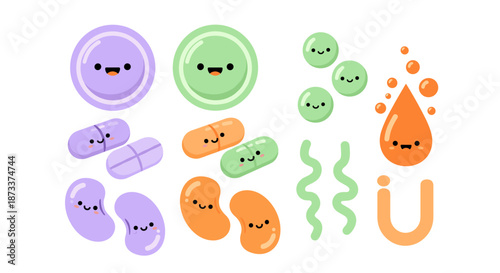 Cute Cartoon Characters: Happy Pill Illustrations for Healthcare and Wellness Content, Featuring Friendly Tablets, Capsules, Drops and Bacteria, Perfect for Medical Education, Pres.