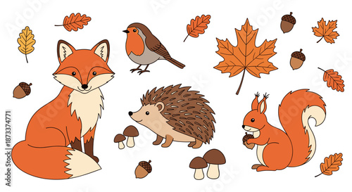 Autumn Animals and Leaves in Forest Illustration: Fox, Squirrel, Hedgehog, Robin, acorns, and foliage create a charming design for fall-themed projects, children's illustrations, s.