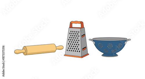 Kitchen Utensils Illustration featuring a wooden rolling pin, grater, and a colander ideal for food preparation, baking concepts, cooking projects, culinary arts, and creating visu.