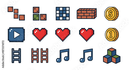 Retro Pixel Art Game Assets Collection Featuring Classic Design Elements Such as Blocks, Hearts, Coins, Ladders, Music Notes, Providing Nostalgic Look for Game Development, Perfect.