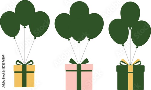 Colorful gift boxes with green balloons tied to ribbons, perfect for celebration, birthday, party decoration, festive packaging, and joyful event themes.