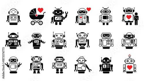 Collection of charming black and white robot icons with hearts and baby themes
