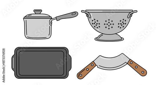 Essential Kitchen Utensils Illustration: A pot, colander, baking pan, and ulu knife provide tools for cooking, food preparation, and culinary endeavors in a modern, stylized vector.