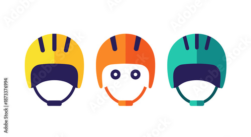 Colorful bicycle helmets icons in yellow, orange, and teal showcase safety gear for cycling and sports, perfect for promotions, websites, marketing materials, and active lifestyles.