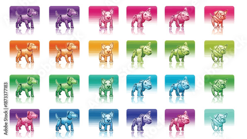 Colorful robotic dog icons displayed in a grid pattern with varied hues