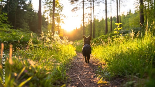 A small black dog walking away from the camera on a winding dirt path through a sun-dappled forest