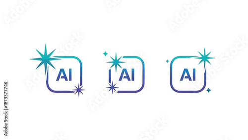 Artificial intelligence icons with starbursts in rectangular frames on white background