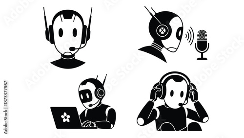 Black and white illustrations of operators wearing headsets and using communication tools
