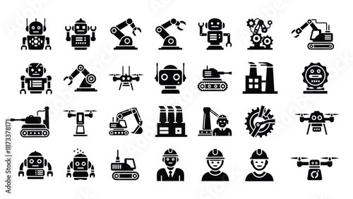 Collection of diverse robotic icons featuring industrial arms drones and humanoid robots