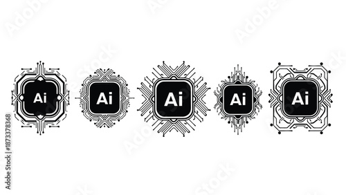 Five decorative frames with ai text arranged in a horizontal line