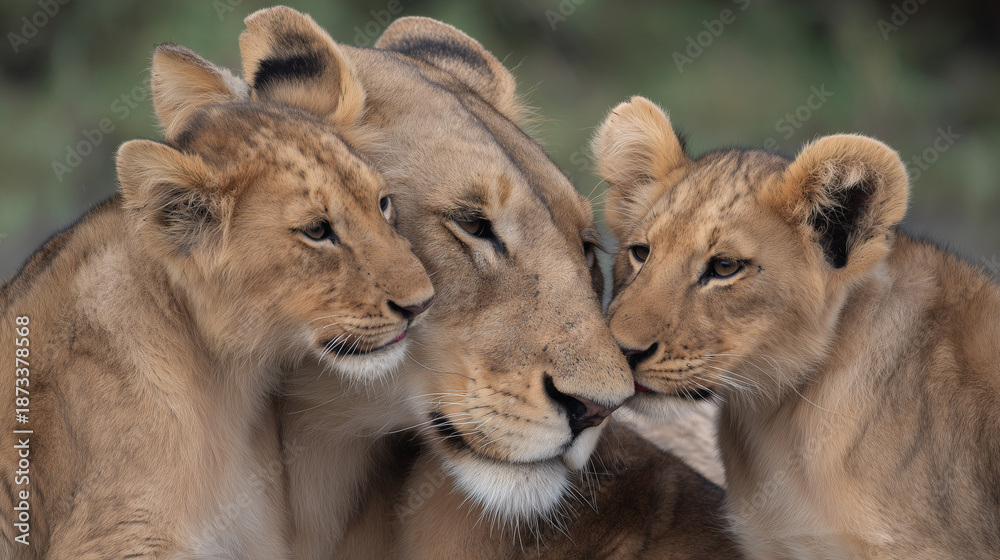 Obraz premium A tender close-up of a lioness nuzzling her two cubs, showing family bonding in the wild.