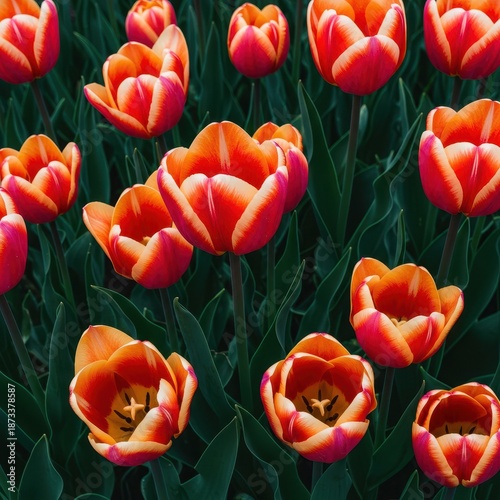 A close-up view of bright multicolored tulips blooming profusely in a sunny spring garden bed, symbolizing renewal and vibrant fresh growth ,seasonal ,red ,natural