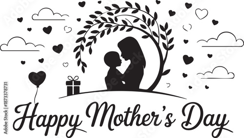 Elegant Mother and Child Black Vector Mother’s Day Greeting Card – Minimal Line Art Design