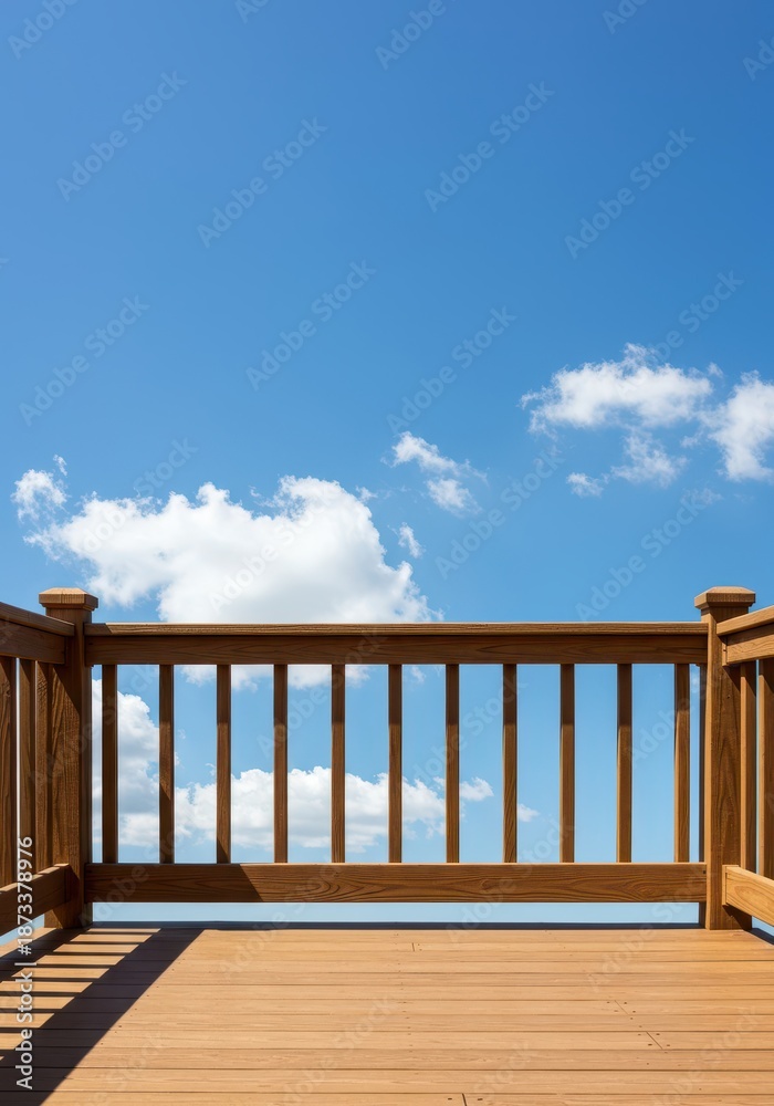Fototapeta premium A wooden deck railing frames a beautiful blue sky with soft white clouds, suggesting relaxation and outdoor leisure space for home enjoyment, blue, wooden, garden