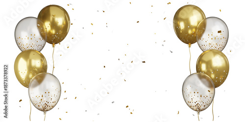 Foto Luxury gold balloons and confetti celebration party decoration 3D render, 3d render of Celebration banner with golden and clear balloons floating and confetti