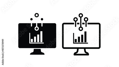 Data analysis and visualization represented by computer screen icons with graphs