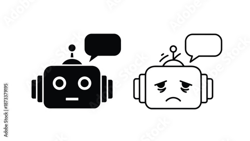 Two robotic figures with speech bubbles one neutral and one sad