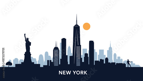 New York City skyline silhouette featuring the Statue of Liberty and major skyscrapers under a glowing orange sun.