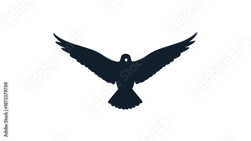 Powerful silhouette of a bird of prey with wings spread wide against a plain white background in a symmetrical pose.