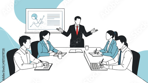 Professional business meeting scene with a manager giving a presentation to a diverse team of colleagues in an office.