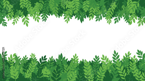 Natural border frame design made from dense green foliage and leaves at the top and bottom of a white workspace.