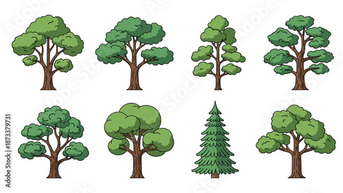 Collection of different tree species icons including oak, pine, and maple in a simple and clean illustration style.