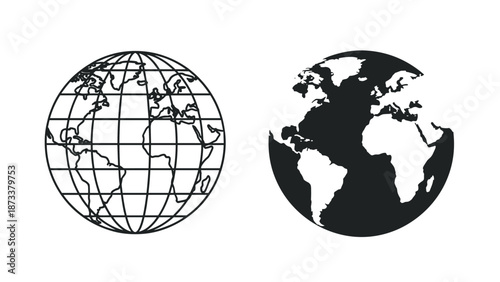 Two versions of a world globe, one with a grid of latitude and longitude lines and one with a solid map silhouette for global communications.