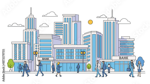 Sunny city street scene with modern high-rise office buildings and business people walking, illustrating a thriving urban commercial center.