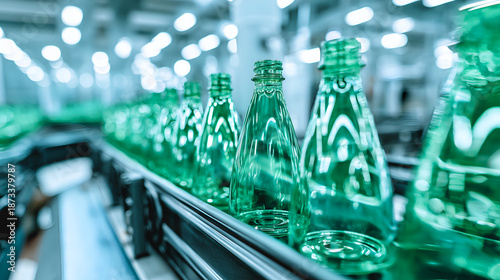 Green plastic bottles aligned on recycling conveyor belt in modern plant