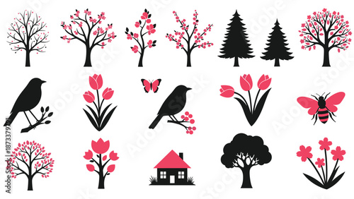 Assortment of nature silhouettes featuring trees, birds, flowers, and insects in black and pink for creative scrapbooking and decorative art.